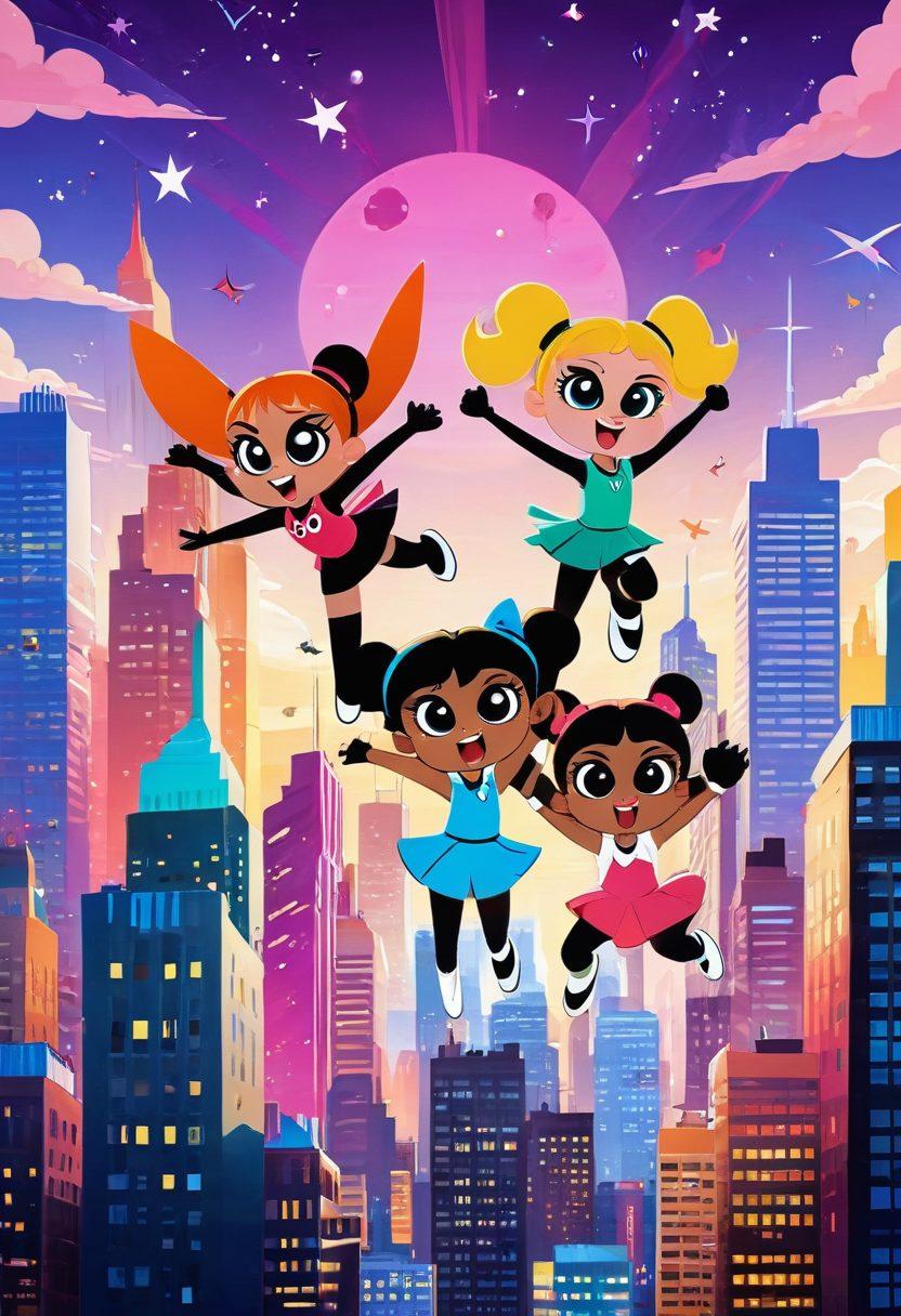 A dynamic scene featuring the Powerpuff Girls soaring through a colorful city skyline, with empowering symbols like fists and stars in the background. The girls strike confident poses while diverse crowds below cheer in celebration, showcasing their influence on pop culture. Bright, vivid colors should dominate the scene, invoking a sense of joy and empowerment. cartoon style, vibrant colors, super-realistic elements.