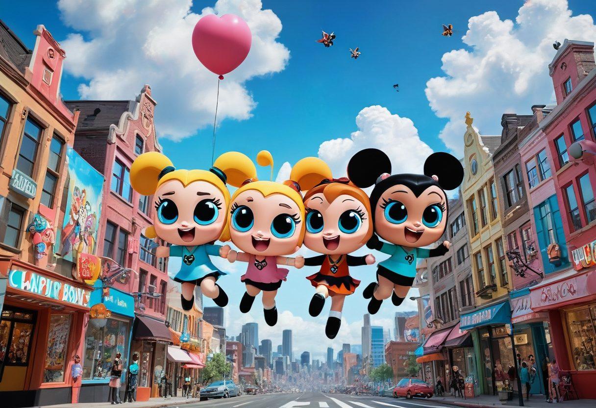 A vibrant scene showcasing the three Powerpuff Girls flying through a colorful cityscape, surrounded by clouds of nostalgic memories like retro toys, comic book pages, and a 90s TV set. The city is buzzing with fans dressed in Powerpuff-themed attire, celebrating their love for the show. Bright colors, whimsical elements, and playful expressions highlighting joy and nostalgia. super-realistic. vibrant colors. cartoon style.
