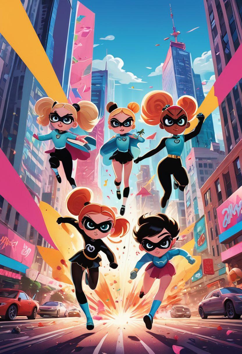 A dynamic scene featuring the Powerpuff Girls in action, radiating confidence and empowerment, surrounded by an explosion of vibrant colors and comic-style elements. Include iconic landmarks and symbols representing female empowerment in the background, such as a city skyline and a giant female superhero emblem. Incorporate a whimsical yet assertive atmosphere, capturing the playful essence of the original cartoon while emphasizing their cultural impact. vector art. vibrant colors. comic style.
